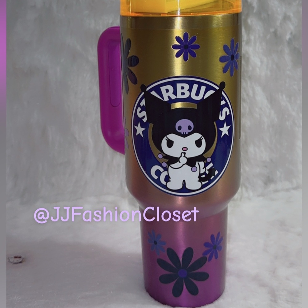 40oz Starbucks Gold and Purple Tumbler with Kuromi Design